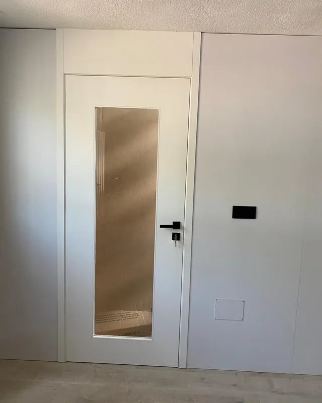Puerta acristalada y revestimiento en madera